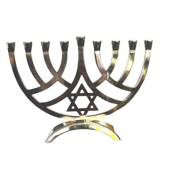 Jewish Hanukkah Metal With Inlaid Multicolored Mosaic Menorah With Star of David - Picture 2 of 7